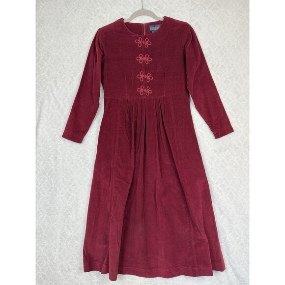 Vtg 90s Corduroy Shirt Dress 2 Petite Burgundy Pockets Modest Maxi Cottage Boho - Picture 1 of 16